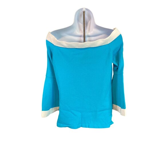 Boston Proper Knit Blouse M Blue Off-Shoulder Bell Sleeves Casual Resort Chic - Picture 3 of 9